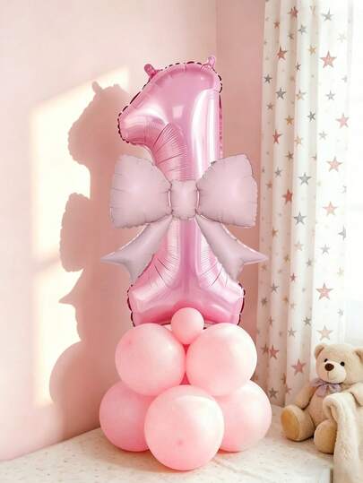 13pcs Pink 32-Inch Number Balloon Set, Large 0-9 Digit Foil Balloons, Light Pink Bow Shaped Balloons, Pink Latex Balloons For Birthday Party, Anniversary, Baby Shower Decoration