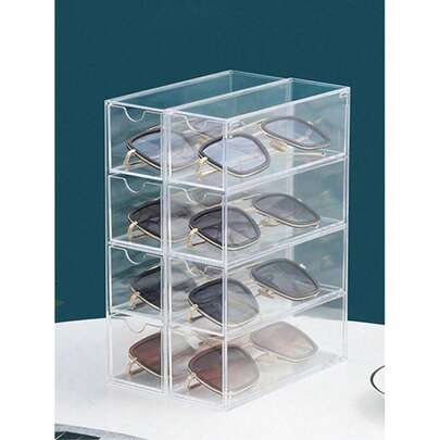 5pcs (4pcs Storage Cubes + 1pc Storage Rack) Acrylic 4-Tier Eyeglass Storage Box, Stackable Desktop Organizer For Glasses, Fashion Glasses, Cosmetics And Jewelry, With Drawers, High Capacity, Can Be Used Horizontally Or Vertically, Clear Desktop Drawer Organizer For Glasses, Cosmetics And Lipstick - Dustproof Rack, Suitable As A Gift
