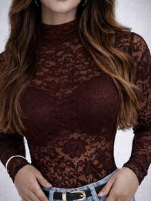 Women's Bodysuit With Transparent Lace, Long Sleeves, High Neck, Elegant, Autumn/Winter Fashion - 鏽棕色 - 查看 5