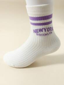 春夏 5雙 女孩/男孩/女童/男童 雙條紋字母 NEW YORK 運動中筒襪，休閒百搭，適合日常穿著/假期禮物/返校季/開學季 - 彩色 - 查看 3