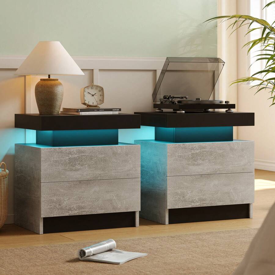 Night Stand Set 2 LED Bedside Table With Wood 2 Drawers Modern End Side Table For Bedroom - Black and Gray - View 1