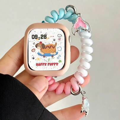 2pcs Y2k Summer Cute Bear Donut Fishtail Pendant Gradual Change Elastic Band + Watch Case Compatible With Apple Watch Band Series S11 10 9 8 7 6 5 4 SE S10 42mm 46mm 38 40 41mm 42 44 45mm 49mm Kawaii Girl Strap Gift For Girls