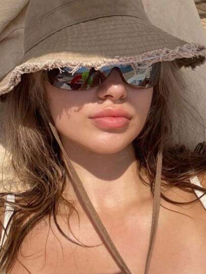1pc Women's Drawstring Trim Bucket Hat, Adjustable Chin Strap, Distressed Effect, Soft Fabric, Sun Protection, Fashion Versatile, Suitable For Travel, Beach, Vacation, Casual Wear
