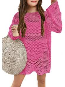 Girls Crochet Long Sleeve Swimsuit Cover Up Kids Fashion Hollow Out Swimwear Beach Dress 5-14 Years - Hồng - Xem 3