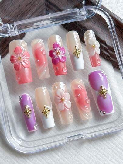 10pcs Handmade Press-On Nails, Y2K Style, 3D Flower & Water Drop Decor, Dopamine Color Scheme, French Tip, 3D Glitter Embellished, Artificial Nails Suitable For Girls & Women, Elegant & Cute Nail Decoration