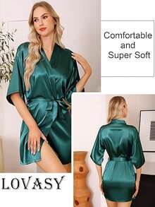 1pc Women's Solid Color Elegant Tie-Up Autumn/Winter Bathrobe, Sexy Short Satin Silk Soft Sleepwear, Suitable For Bride, Bridesmaid, Home Use,Weeding Season Short Dress Gown Initial Letter Robe, Morning Robe And Sleeping Robe - Dark Green - View 3