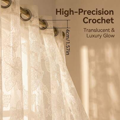1pc French Luxury Knitted Floral Sheer Curtain, Top Ring Design Easy Installation, Suitable For Bedroom, Living Room, Study, Balcony And Other Home Decor