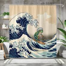 1件装 2D 平面青蛙冲浪浴帘 趣味海浪设计浴室帘 防水布艺装饰家居配件 活力海岸动物印花浴缸装饰 创意独特复古风格 - 彩色 - 查看 11