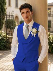 Men's Suits 3 Pieces Colorblock Slim Fit Double Breasted Formal Tuxedo Blazer Vest Pants For Wedding Party - Royal Blue - View 3