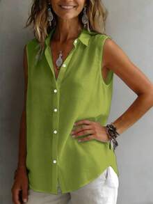 Fashionable Sleeveless Lapel Shirt For Women, Versatile Loose Casual Commute Camisole Tank Top, Solid Color Button Front, Daily Wear Summer - Green - View 6