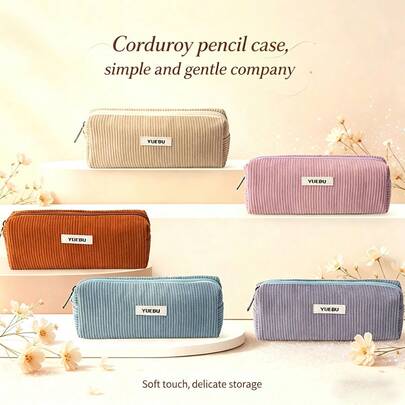 A Large Capacity Minimalist Corduroy Zipper Pencil Case, Solid Color Elegant Stationery Storage Pouch, Suitable As A Cosmetic Bag For Students And Professionals, An Ideal Gift Choice