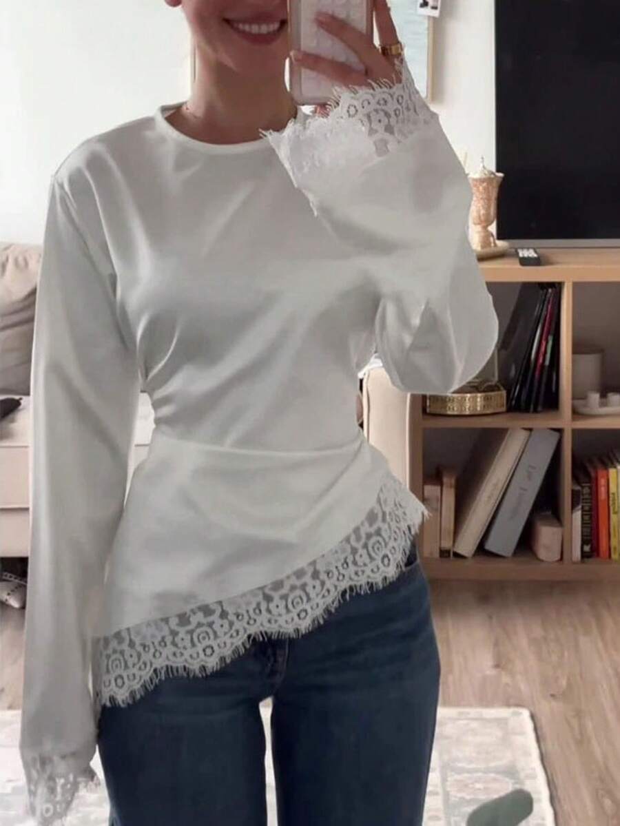Nouveau T-shirt à manches longues avec patchwork en dentelle, convient pour les rendez-vous, les vacances et le port quotidien au printemps/été, blanc - Blanc - Voir 1