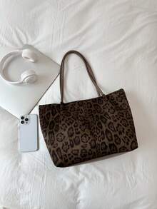 Un nuevo bolso de mujer, bolso de mano grande de estilo retro con estampado de leopardo. Apertura con cremallera, bolso de hombro minimalista y ligero. Adecuado para el uso diario, el ocio, los desplazamientos, el trabajo y los estudiantes. Bolso de mujer con estampado de leopardo, regreso del estampado animal, bolso de mujer con estampado vintage, bolsos de mano para mujer, artículos esenciales para la universidad - Marrón - Ver 7