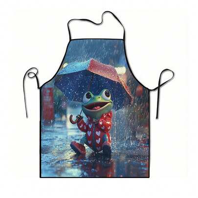 1pc Cartoon Frog Heart Shaped Raincoat Pattern Apron, 100% Polyester, Suitable For Kitchen, Living Room, Dining Room, Hotel, Outdoor BBQ, Machine Washable