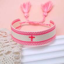 1pc Embroidered Cross Boho Handmade Braided Tassel Bracelet - Phosphor - View 3