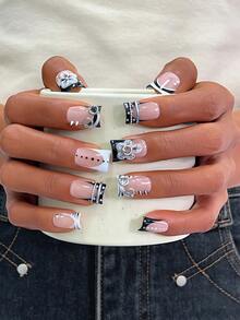 10pcs Y2K Nails Chic Duckbill Press On Nails Set - Handcrafted, Pink Nails, Black Nails, Black And White French Tip Nails, Handmade 3D Flowers And 3D Silvery Ring Design, 3D Polka Dot Flowers Nail Art, Hand Drawn Polka Dot And Black Zebra Stripe Design, Sparkling Silvery Rhinestone And Silvery Ring Decoration - Nhiều màu - Xem 2
