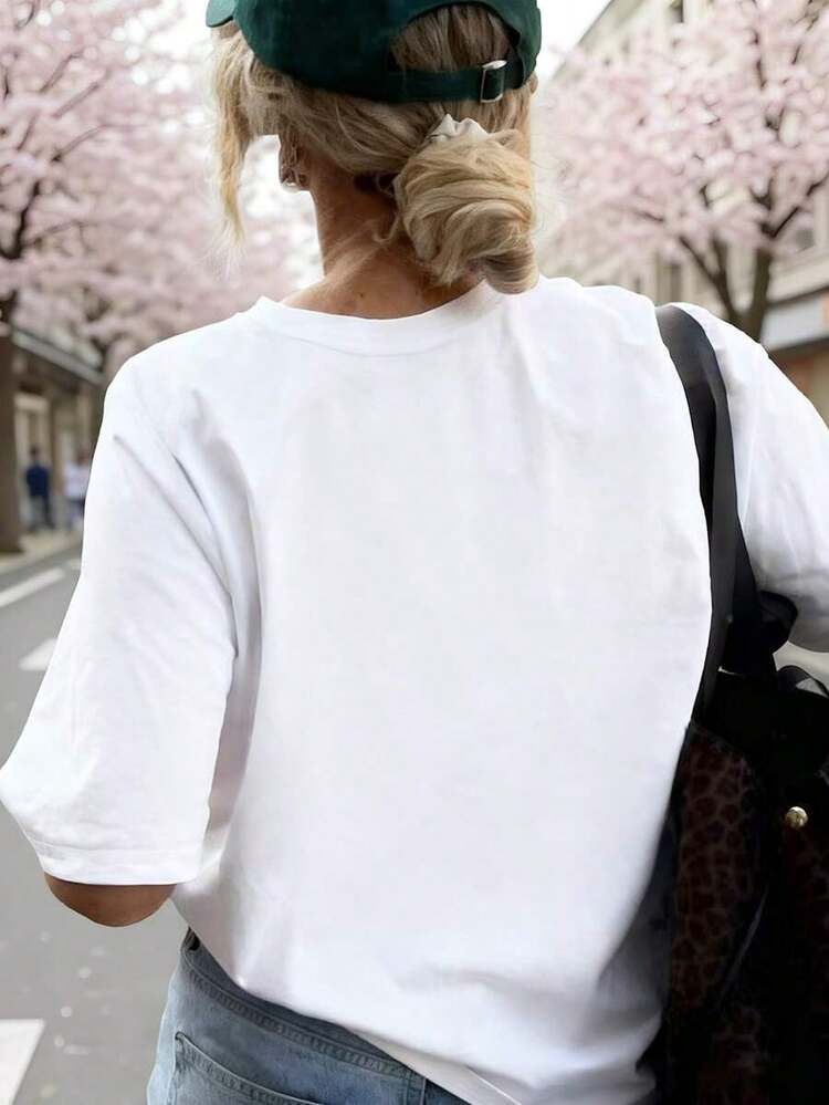 100% Cotton Casual T-Shirt For Women With Pink Leopard Print, Soft Fabric, Loose Fit, Round Neck And Short Sleeves. Ideal For Spring And Summer, Everyday Wear, Sweatshirt Style, Versatile And Fashionable. - White - View 4
