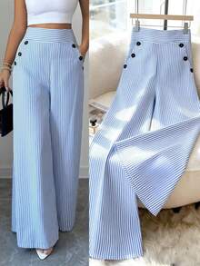 Nuevos pantalones de estilo coreano de primavera/verano, minimalistas y elegantes, de lino a rayas azul y blanco, de cintura alta, estilizadores, de pierna recta y sueltos, informales para mujer - Azul y blanco - Ver 9