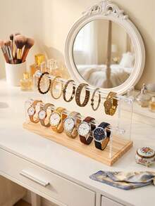 1pc 2-Tier Stepped Jewelry Display Stand, Multi-Rod Detachable Watch Storage Rack, Wooden Base Transparent Acrylic Accessory Display Stand, Suitable For Bedroom, Jewelry Store, Vanity And Accessory Shop - Clear - View 7