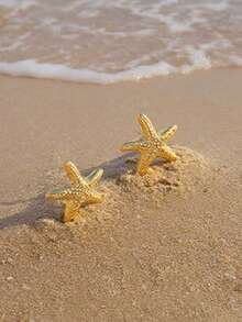 1-4 pares de juego de aretes de estilo oceánico de verano, aretes con textura de estrella de mar y concha, combinación de aretes de estilo playero, adecuado para mujeres de vacaciones - Dorado - Ver 6