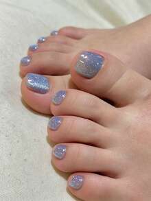 VV MEI JIA ER Brilhe com unhas dos pés estilo olho de gato, unhas postiças - 24 peças, unhas curtas quadradas, azul celeste claro com revestimento UV, unhas postiças com brilho perfeito para os pés, unhas quadradas com brilho perfeito, 1 lixa de unha e 1 gel de gel. - Baby Azul - Ver 2