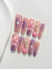 10Pcs Dreamy, Vibrant Style Handmade Nail Art Set,Unghie Press On,Hand Pinched Five Petal Flower,Purple And Pink Nail Polish,Includes Nail Tools,3 Sizes Available,Almond Nails , Duck Nails,Coffin Nails For Party, Dance, Daily Wear. - 彩色 - 查看 16