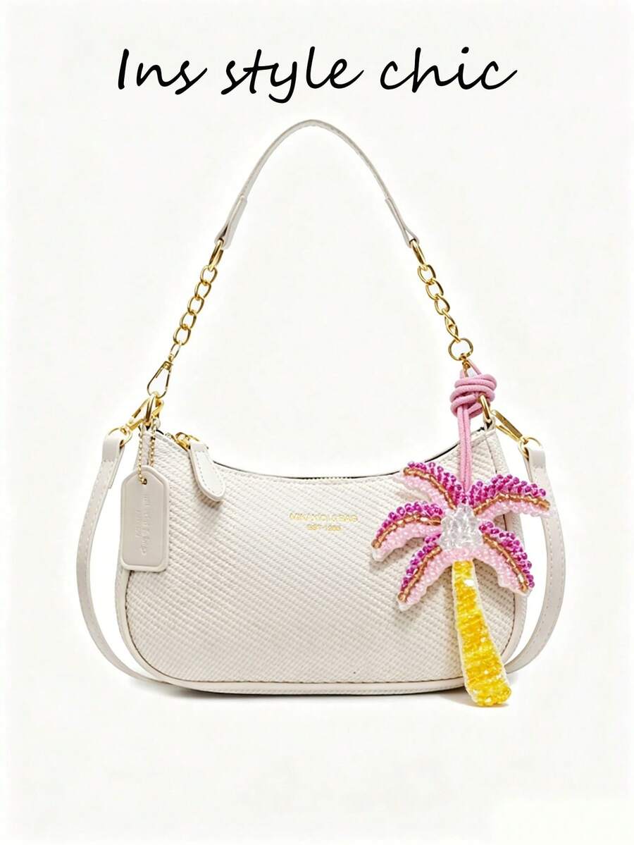This Fashionable New Multi-Functional Women's Shoulder Bag Is Made Of PU Material, Decorated With A Pink Coconut Tree Pendant, And Printed With Multi-Color Patterns. It Can Be Used As Both A Shoulder Bag And An Underarm Bag, Suitable For Shopping, Commuting, Going Out, And Parties. - Beige - View 1
