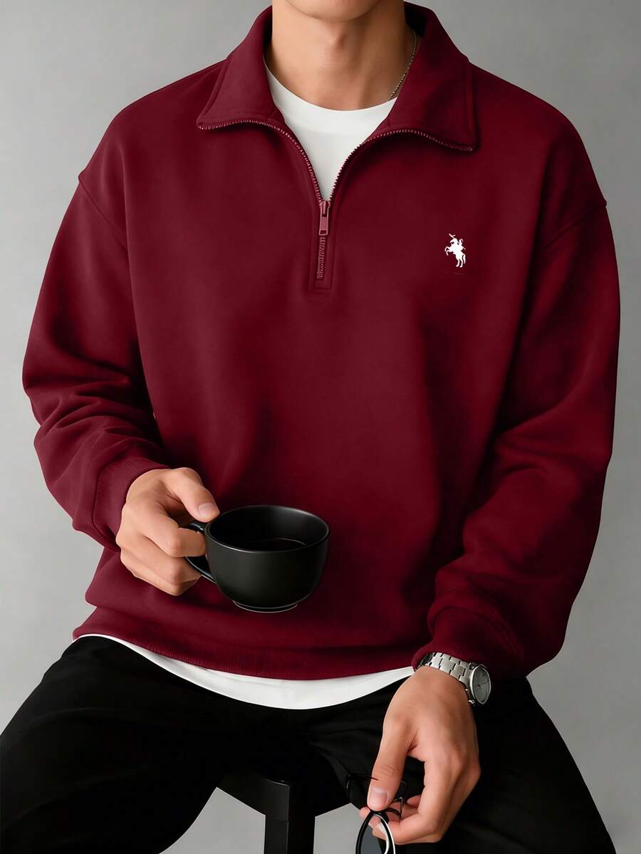 Sweatshirt Pullover Pria Model Terbaru Musim Gugur/Dingin, Gaya Jalanan Kasual, Bermotif, dengan Kerah Resleting dan Motif Cetak. - Burgundy - View 1
