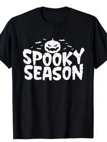 Camiseta de Halloween para Hombre - Estampado Gráfico de Calabaza y Murciélagos para la Temporada de Halloween. Algodón de 220 g de peso. Camisa casual de corte holgado para usar durante todo el año. Lavar a mano únicamente. Ropa de Halloween. Camiseta con Diseño Festivo. Camiseta de estilo bohemio. Camiseta cómoda - Negro - Ver 2