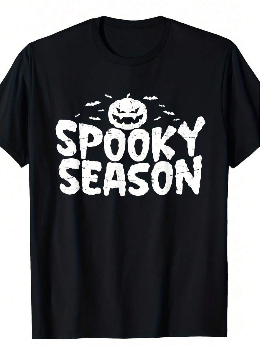 Camiseta de Halloween para Hombre - Estampado Gráfico de Calabaza y Murciélagos para la Temporada de Halloween. Algodón de 220 g de peso. Camisa casual de corte holgado para usar durante todo el año. Lavar a mano únicamente. Ropa de Halloween. Camiseta con Diseño Festivo. Camiseta de estilo bohemio. Camiseta cómoda