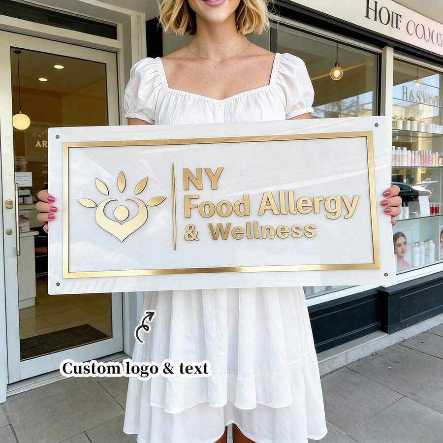Custom Rectangular Signage, White Background With Gold-Plated Letters And Borders, Includes All Installation Materials, Personalized Commercial Signage, Custom Commercial Logo Signage, Custom Laser-Cut Commercial Signage, Custom Acrylic Commercial Signage, Laser-Cut Logo Signage - Multicolor - View 1