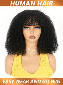 非洲卷曲蓬松假发，带刘海，易于佩戴，方便打理，真人发丝，非洲卷曲假发，全机织假发，180%密度，适合女性 - Natural Black - 查看 3