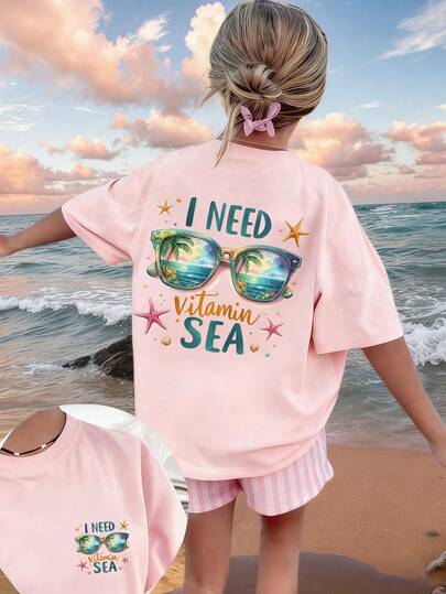 女童寿司印花T恤，度假风太阳镜印花短袖T恤，儿童沙滩休闲上衣，甜美圆领透气T恤，夏季亲子装