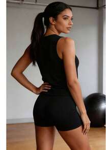 Conjunto deportivo estilo americano para mujer, algodón suave con estampado de letras, corte ajustado sin mangas, primavera verano, ideal para fitness, yoga y casa - Negro - Ver 3