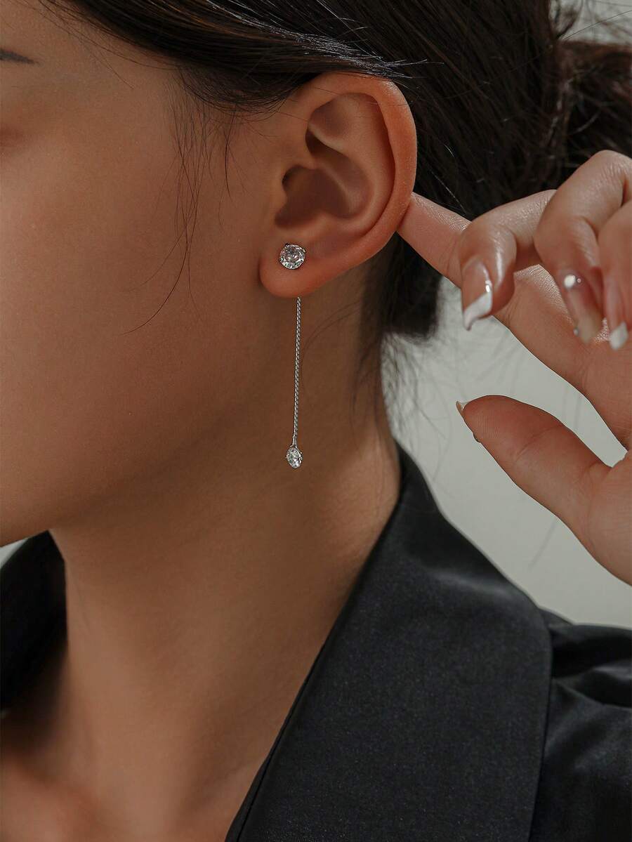 1 Pair Elegant White Zirconia Inlaid Silver-Tone Reversible Earrings For Women - Silver - View 1