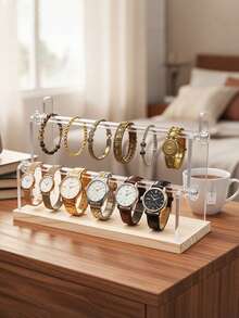 1pc 2-Tier Stepped Jewelry Display Stand, Multi-Rod Detachable Watch Storage Rack, Wooden Base Transparent Acrylic Accessory Display Stand, Suitable For Bedroom, Jewelry Store, Vanity And Accessory Shop - Clear - View 3