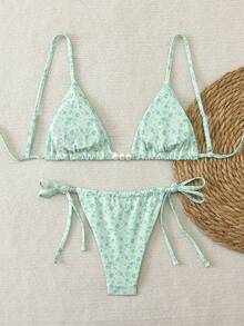 女士碎花仿珍珠性感清新比基尼泳衣套装 - 彩色 - 查看 4