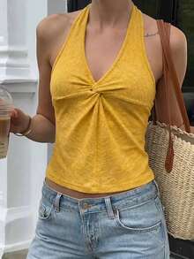 Women's Yellow Camisole, Front Twist Design, Regular Length, High Stretch Fabric Camisole - Yellow - View 3