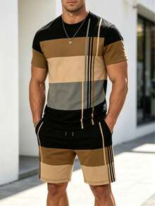 2 pièces Ensemble mode homme - T-shirt à manches courtes rayé et short à cordon de serrage - Tenue assortie confortable, convient pour l'aventure en plein air et le port décontracté, 100% polyester, adapté pour l'été - Tabac - Voir 1