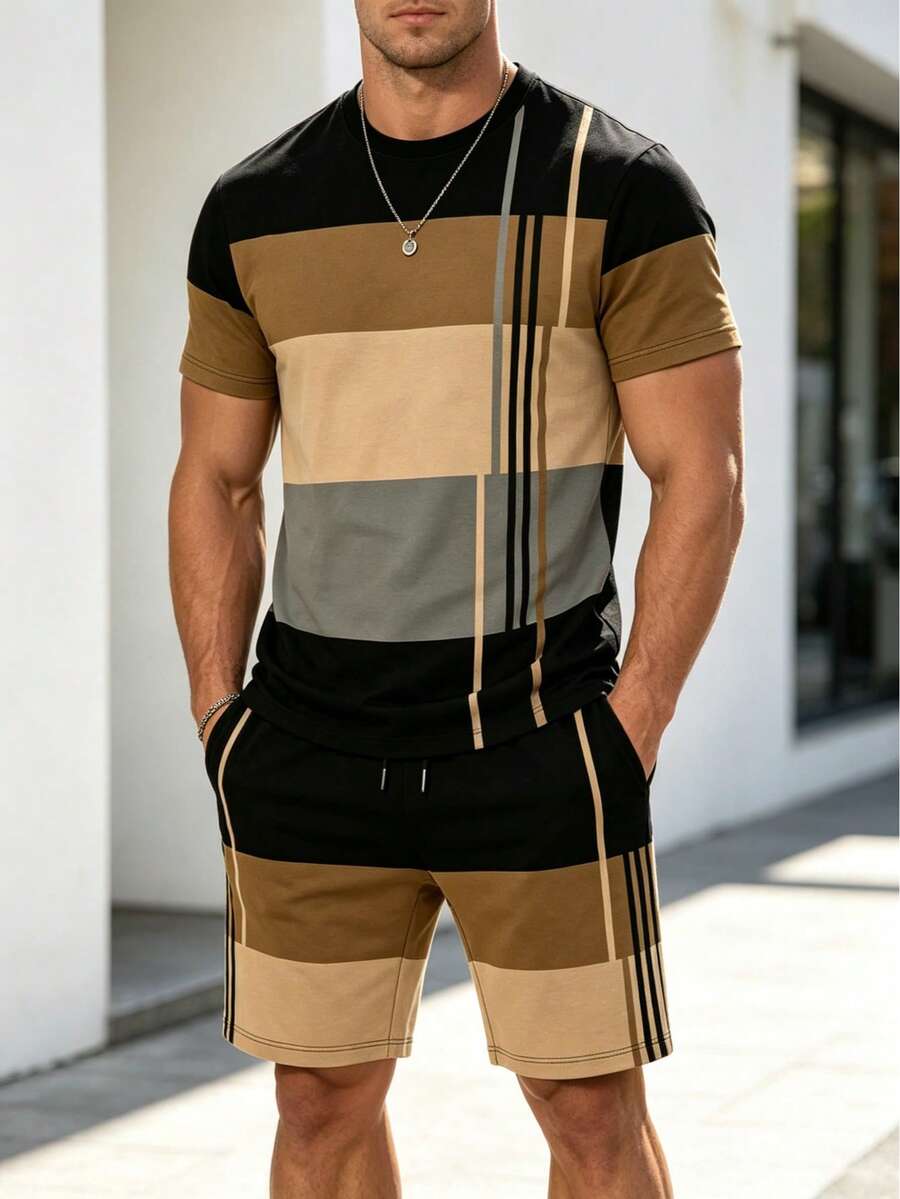 2 pièces Ensemble mode homme - T-shirt à manches courtes rayé et short à cordon de serrage - Tenue assortie confortable, convient pour l'aventure en plein air et le port décontracté, 100% polyester, adapté pour l'été - Tabac - Voir 1