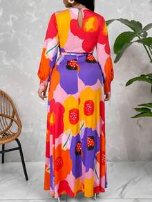 Plus Size Women's Bold Abstract Floral Print Long Sleeve Maxi Dress, Belted Waist Design Vibrant Color Elegant Plus Size Maxi Dress Vacation Spring - Multicolor - View 3