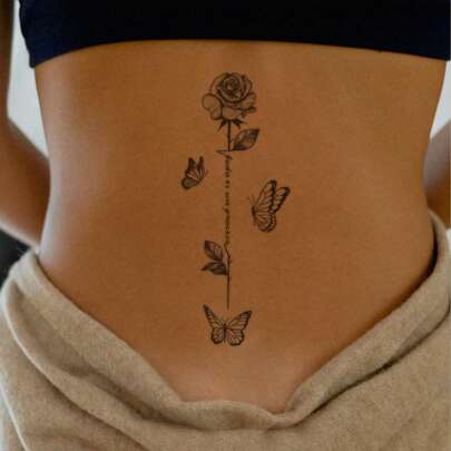 1 Tattoo Sticker, Black And White Rose And Butterfly With Floral Letters, Temporary Tattoo Sticker, Washable, PVC, Disposable, Waterproof And Sweatproof, Suitable For Arms, Waist, Abdomen, Back, And Legs, Non-Reflective, Realistic Tattoo, Suitable For People, For Daily Use, Lasts 3-5 Days