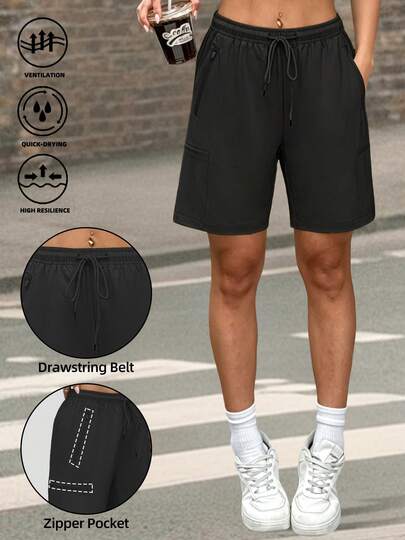 Women's Outdoor Loose Cargo Shorts, Solid Color Multi-Pocket Casual Bermuda Shorts For Cycling, Hiking, Sports, Daily Running And Workout, With Drawstring Waist