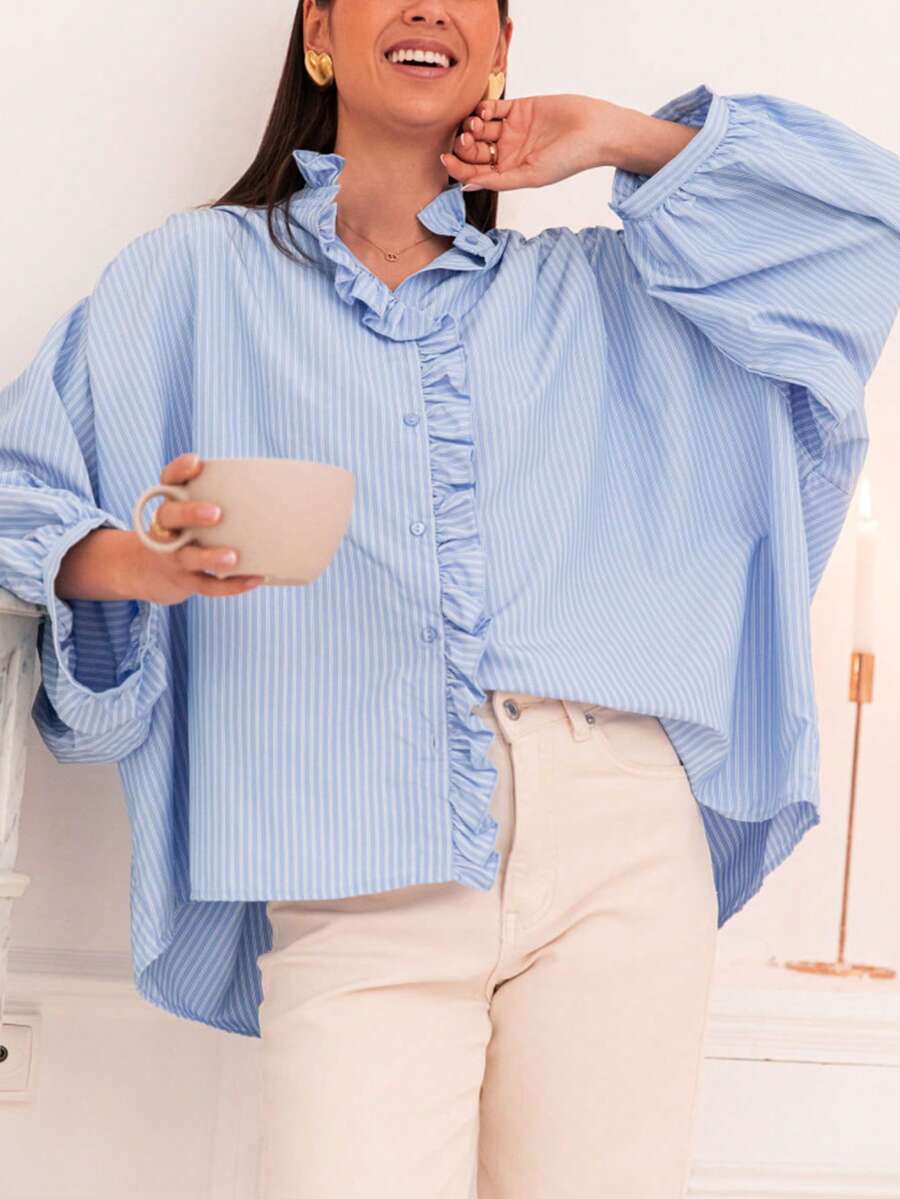 New Fashionable Elegant Solid Color Striped Ruffle/Frill Trim Women Shirt, Suitable For Vacation, Home, Daily Wear, Travel, All Seasons, Versatile - Blue - View 1