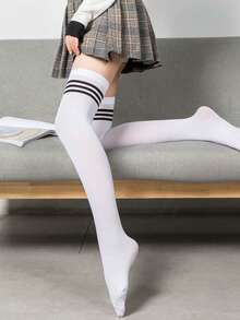 1双可爱学院风三条纹过膝袜，简约JK学生袜，夏季薄款透明长筒袜 - 彩色 - 查看 4