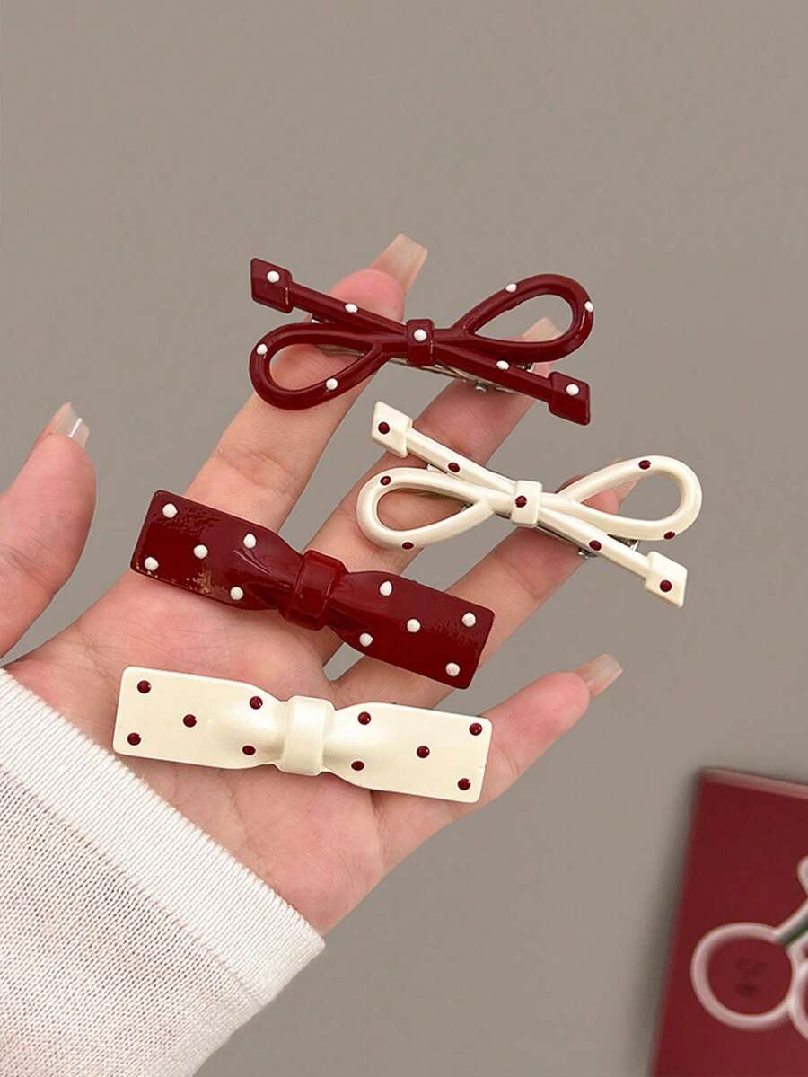 4 Peças Presilhas de Cabelo com Laço Poá Fofo & Elegante Casual Minimalista Moda Bordô/Bege, Adequado para Penteado Diário de Mulheres, Decoração, Viagem, Escola, Feriados, Presente, Garras de Cabelo, Grampo - Multicolorido - Visão 1