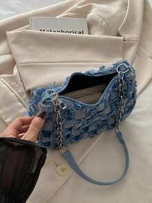 Decorative Buckle Detail, Patchwork, Chain Strap Shoulder Bag, Women's Decorative Buckle Shoulder Bag, Street Fashion Hobo Bag, Suitable For Shopping, Dating, Gift For Women, Suitable For Teenagers, College Students, Work, Business, Commuting - Blue - View 11