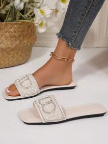 Rhinestone Embellished Slip-On Sandals, Lightweight Flat Mules, Glitter Slides, Comfortable Beach Slippers For Women, Plus Size - Beige - View 3