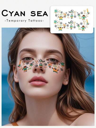 1张纹身贴纸，图案为卡通动物踢足球、奖杯和运动鞋，趣味十足。临时纹身贴纸，可水洗，PVC材质，一次性使用，防水防汗，贴在手臂和背部不反光，逼真纹身效果，适合日常使用，可持续3-5天。