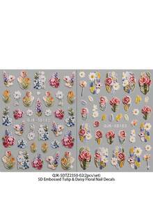QIANJIKU 2张5D立体浮雕油画效果美甲贴纸 - 复古郁金香和雏菊3D美甲贴花 - 法式乡村风格装饰贴纸 - 适合春夏、野餐、婚礼、艺术展览DIY美甲 - 彩色 - 查看 6